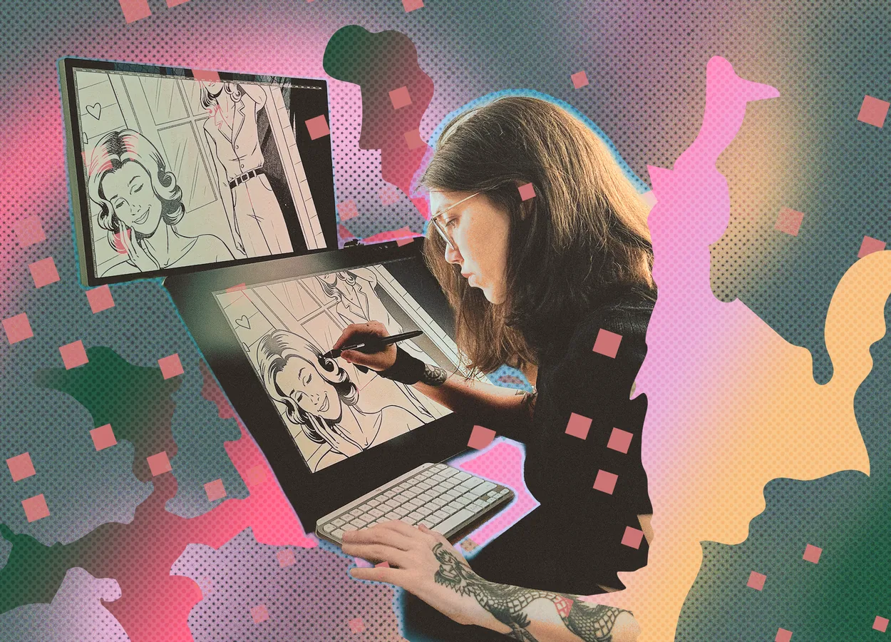 Ilustración de la artista brasileña Jenifer Prince representando la diversidad queer y la identidad latina con trazos coloridos y simbólicos.