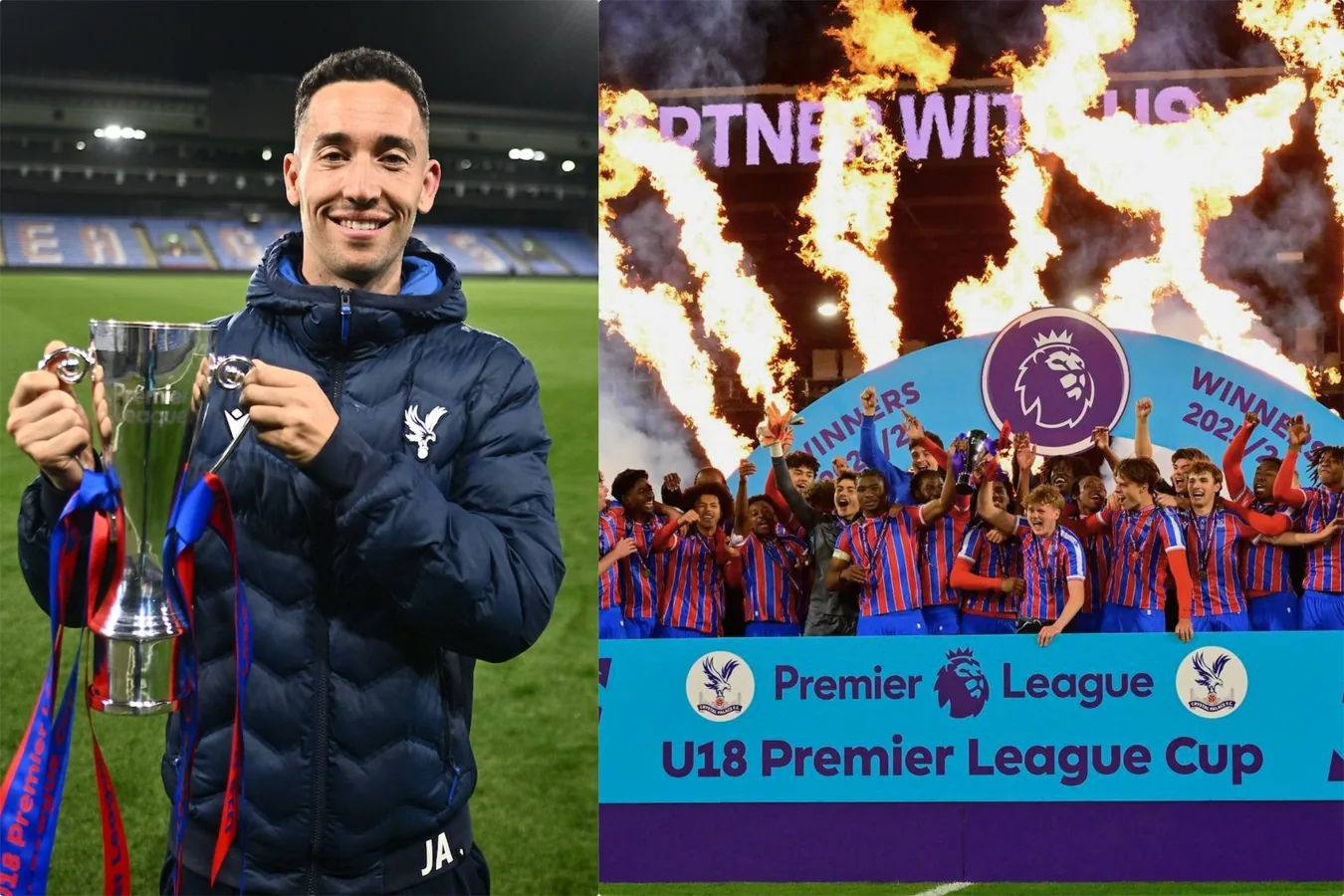 Javier Alonso celebrando la victoria del Crystal Palace sub-18 en la Premier League Cup