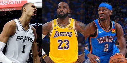 Collage deportivo con jugadores de los Knicks, Spurs y béisbol de la MLB en acción