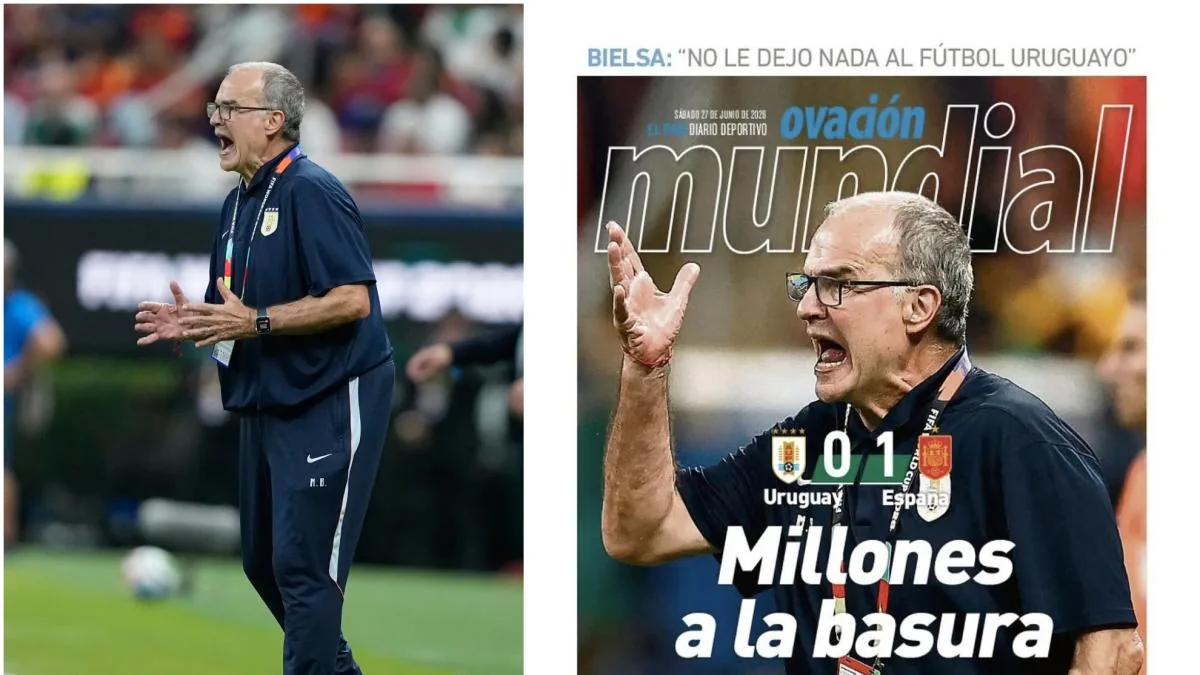 Marcelo Bielsa en el banquillo de la selección uruguaya durante el Mundial