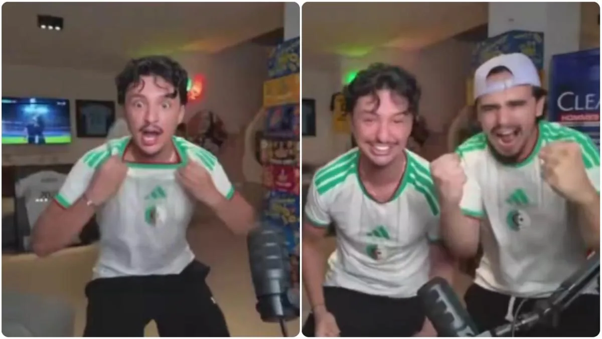 Hinchas de la selección de Argelia celebrando en las gradas tras un empate de último minuto en el partido