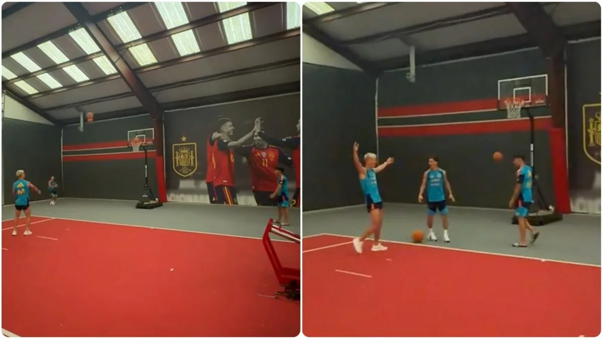 Pedri, Gavi y Dani Olmo jugando al baloncesto con la Selección Española