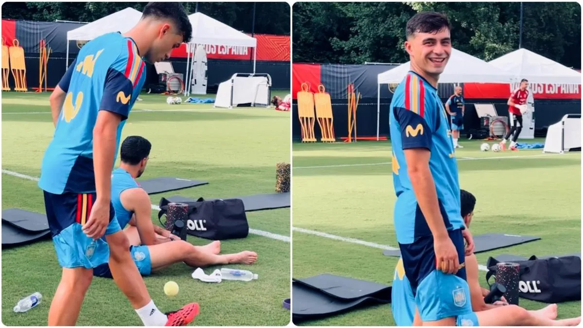 Pedri González controlando una pelota de tenis en el entrenamiento de la Selección Española.